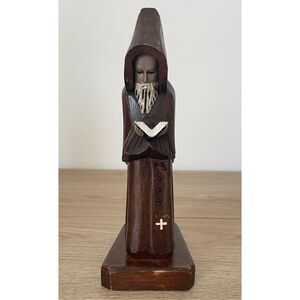 Vintage Hand Carved Monk Figurine 10in Rustic Hooded Statue Brown Wood Religious